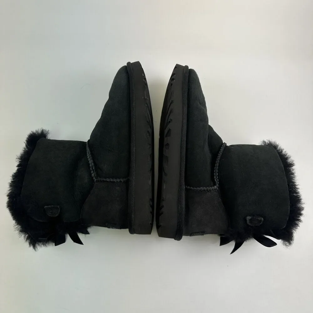Ugg Mini Bailey Bow II Boot Ankle Black Suede Sheepskin Lined 1016501 Womens 6